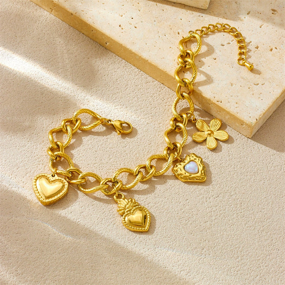 Stainless Steel Goldplated Oshaped Chain Flower And Heart Shape Jewelry Bracelet