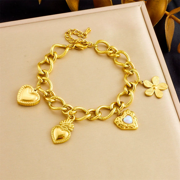 Stainless Steel Goldplated Oshaped Chain Flower And Heart Shape Jewelry Bracelet