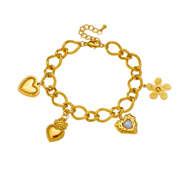 Stainless Steel Goldplated Oshaped Chain Flower And Heart Shape Jewelry Bracelet