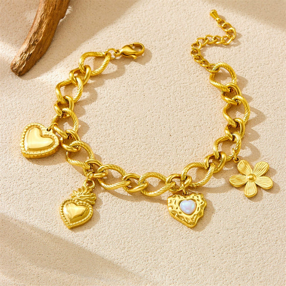 Stainless Steel Goldplated Oshaped Chain Flower And Heart Shape Jewelry Bracelet