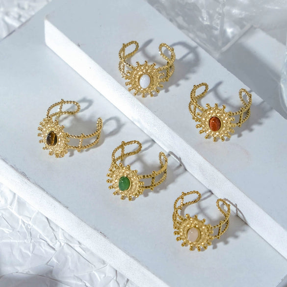 Stainless Steel Goldplated Sunflower Gem Inlay Geometric Design Women's Sweet Natural Fine Jewelry Ring