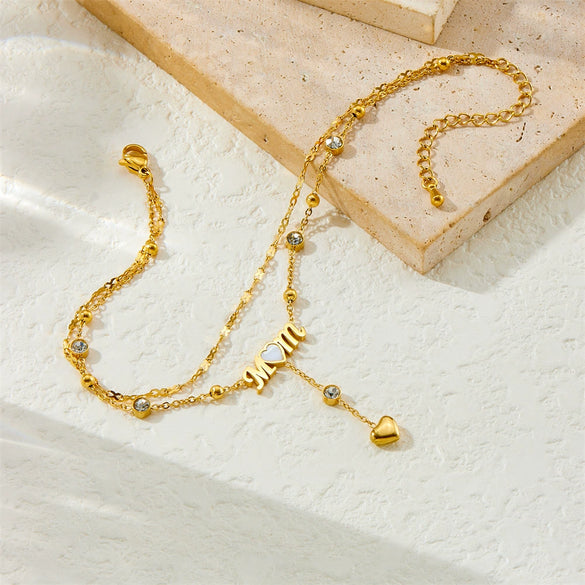 Stainless Steel Goldplated Women's Anklet With Heart Shape And Diamondencrusted Tassel Chain