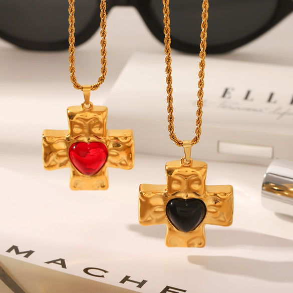 Stainless Steel Hammer Cross Pendant Twist Chain Necklace With Heart And Geometric Patterns Pvd Vacuum Plating Inlay Set For Women