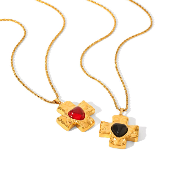 Stainless Steel Hammer Cross Pendant Twist Chain Necklace With Heart And Geometric Patterns Pvd Vacuum Plating Inlay Set For Women