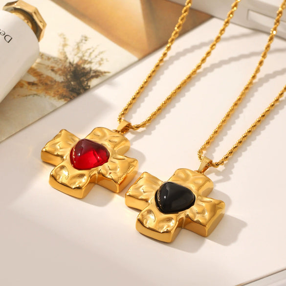 Stainless Steel Hammer Cross Pendant Twist Chain Necklace With Heart And Geometric Patterns Pvd Vacuum Plating Inlay Set For Women
