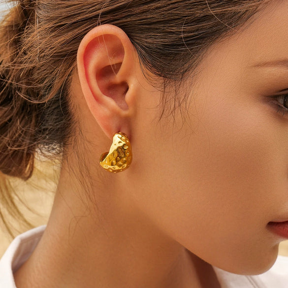 Stainless Steel Hammer Pattern Drop Earrings With 18K Gold Electroplating For Women