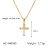 Stainless Steel Hammered Cross Pendant Necklace With Natural Stone Inlay Geometric Pattern Electroplated For Women
