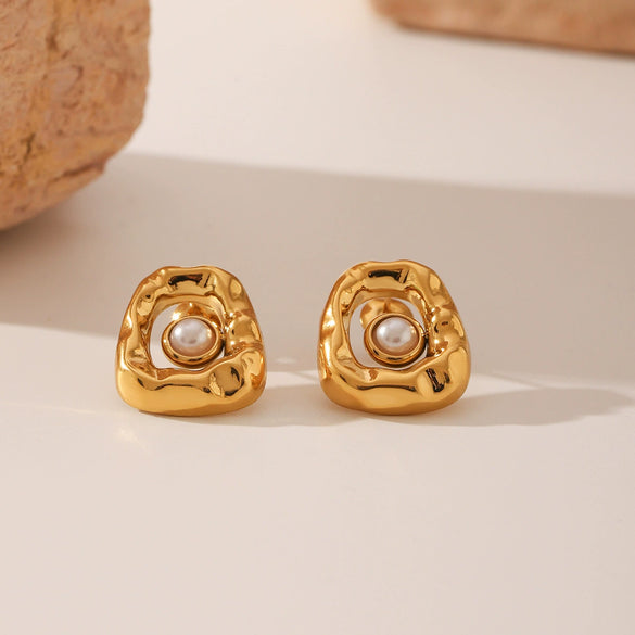 Stainless Steel Hammered Geometric Earrings With Pearls Volcanic Lava Pattern Vacuum Plated For Women