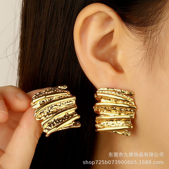 Stainless Steel Hammered Gold Geometric Exaggerated Earrings
