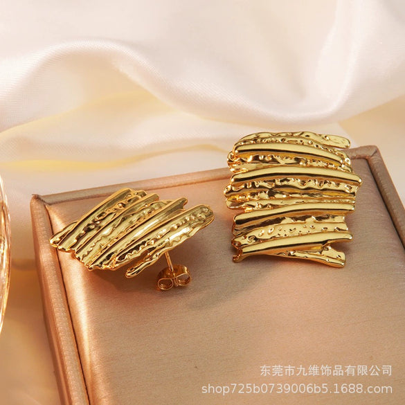 Stainless Steel Hammered Gold Geometric Exaggerated Earrings