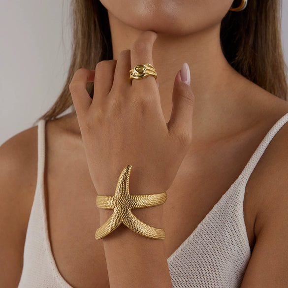 Stainless Steel Hammered Starfish Open Bracelet Electroplated Highend Jewelry
