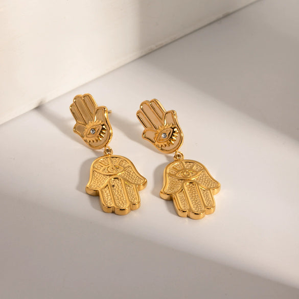 Stainless Steel Hand Shaped Devil Eye Geometric Design Electroplated Pendant Earrings Jewelry