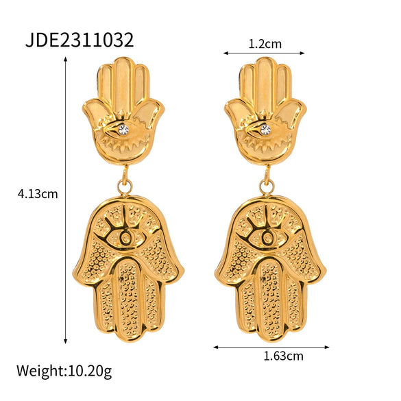 Stainless Steel Hand Shaped Devil Eye Geometric Design Electroplated Pendant Earrings Jewelry