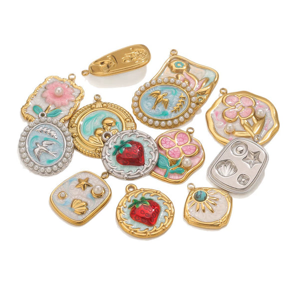 Stainless Steel Handmade Garden Oil Painting Round Wind Pendant Necklace And Bracelet Accessories With Electroplating