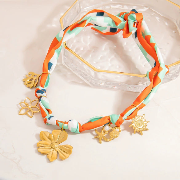 Stainless Steel Handmade Women's Necklace With Flower Sixpointed Star Coral Pendant And Colorful Silk Scarf Chain Electroplated Geometric Design