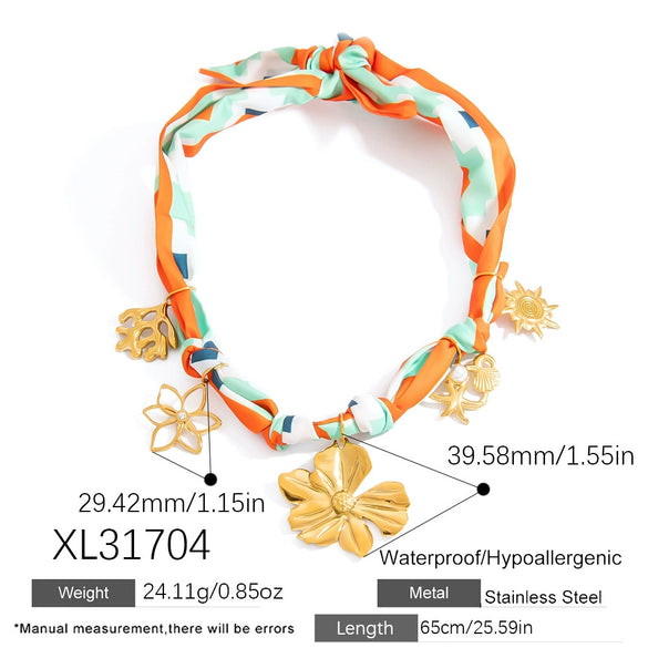 Stainless Steel Handmade Women's Necklace With Flower Sixpointed Star Coral Pendant And Colorful Silk Scarf Chain Electroplated Geometric Design