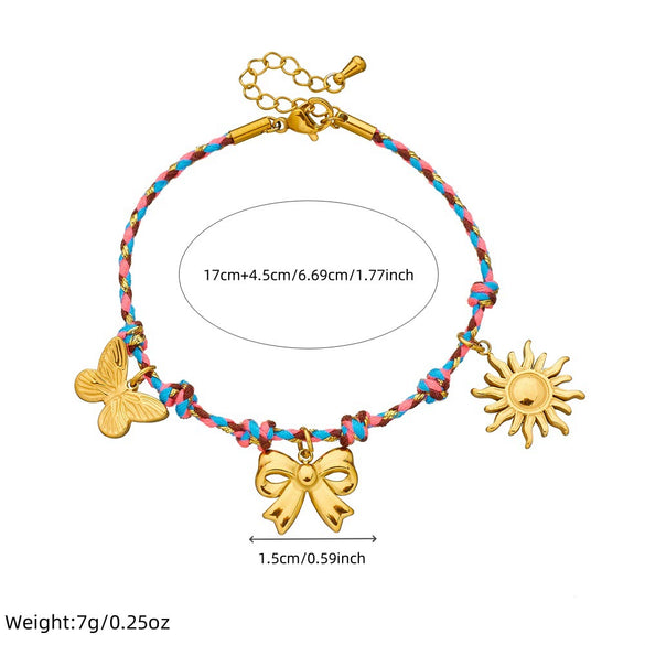 Stainless Steel Handwoven Color Rope Goldplated Bow Sun Pendant Women's Jewelry Bracelet
