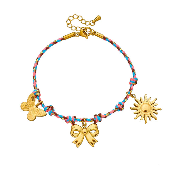 Stainless Steel Handwoven Color Rope Goldplated Bow Sun Pendant Women's Jewelry Bracelet