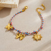Stainless Steel Handwoven Color Rope Goldplated Bow Sun Pendant Women's Jewelry Bracelet