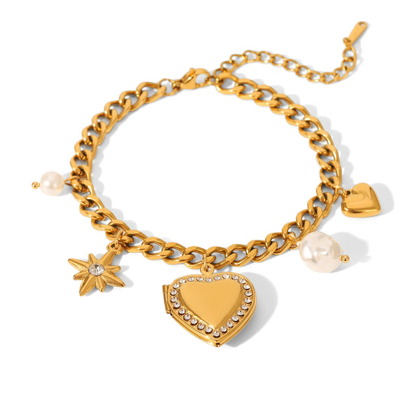 Stainless Steel Heart And Eightpointed Star Pendant Bracelet With Electroplating Ins Style