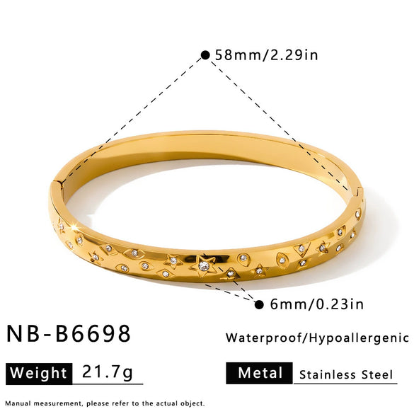 Stainless Steel Heart And Star Pattern Bracelet With Zircon Inlay And Vacuum Electroplated Finish