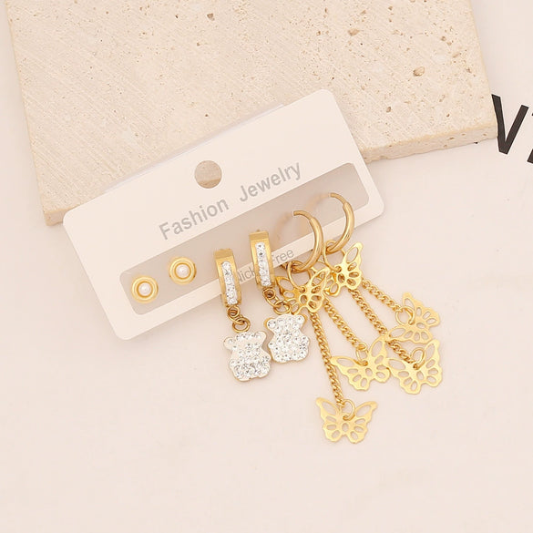 Stainless Steel Heart Butterfly Earring Set With Electroplating