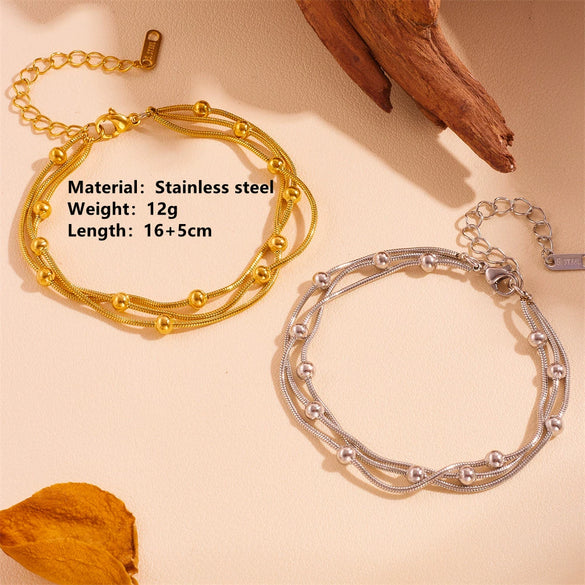 Stainless Steel Heart Pattern Three Color Three Layer Steel Ball Anklet For Women