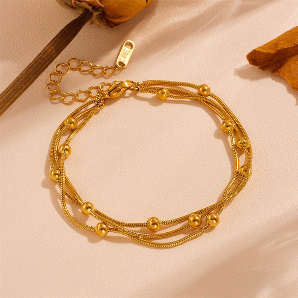 Stainless Steel Heart Pattern Three Color Three Layer Steel Ball Anklet For Women
