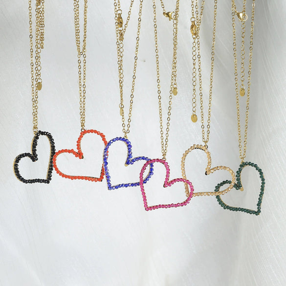Stainless Steel Heart Pendant Necklace With Colorful Diamond Electroplating Fashion Style