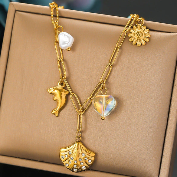 Stainless Steel Heart Shape Dolphin Pendant O Chain Necklace With Goldplated Electroplating For Women