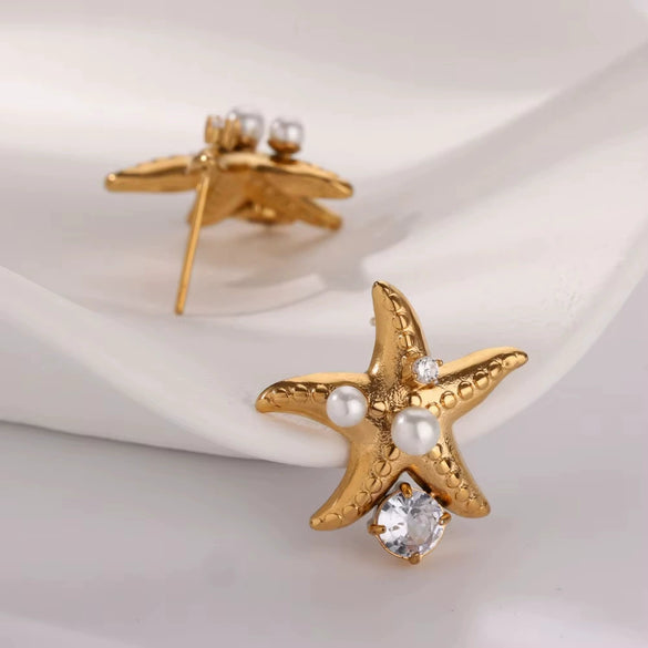 Stainless Steel Heart Shape Electroplated Women's Earrings With Imitation Pearl And Zircon Starfish Shell Design