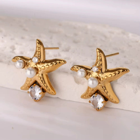 Stainless Steel Heart Shape Electroplated Women's Earrings With Imitation Pearl And Zircon Starfish Shell Design