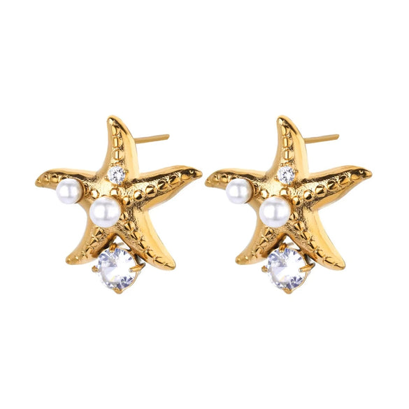 Stainless Steel Heart Shape Electroplated Women's Earrings With Imitation Pearl And Zircon Starfish Shell Design
