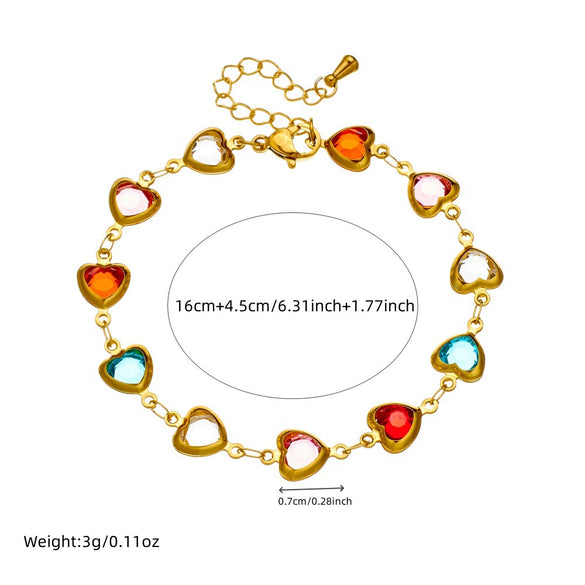 Stainless Steel Heart Shape Faceted Colored Glass Rhinestone Jewelry Bracelet With Electroplating
