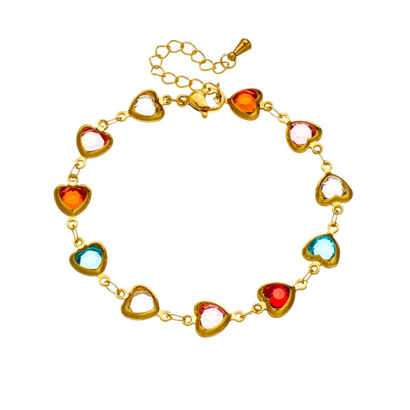 Stainless Steel Heart Shape Faceted Colored Glass Rhinestone Jewelry Bracelet With Electroplating