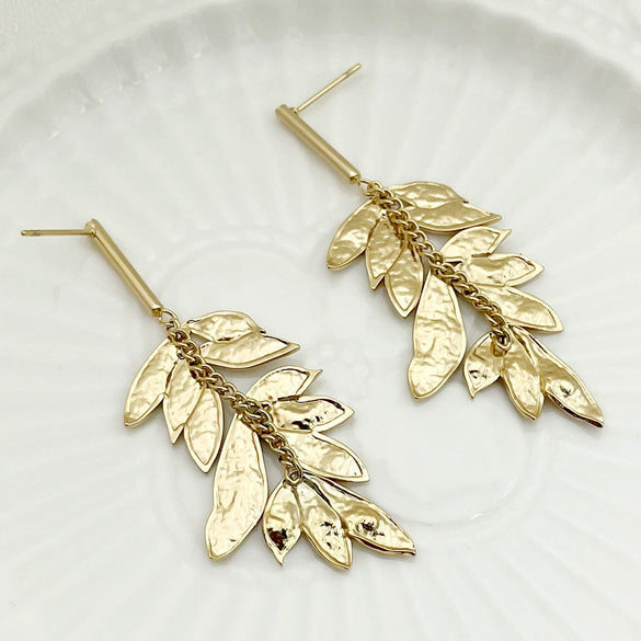 Stainless Steel Heart Shape Leaf Tassel Drop Earrings Electroplated For Women