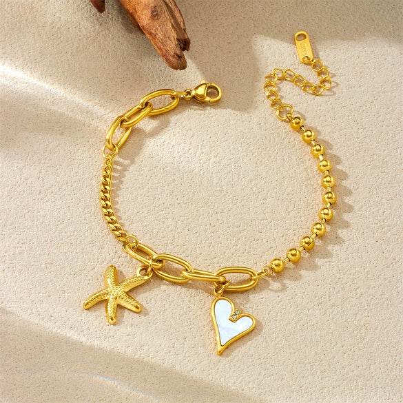 Stainless Steel Heart Shape Starfish Love Pendant Electroplated Fashion Ladies Bracelet