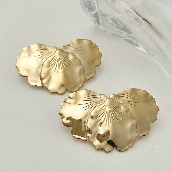Stainless Steel Heart Shaped Ginkgo Leaf Stacked Stud Earrings For Women With Electroplating And Plant Flower Design