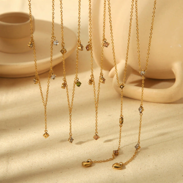 Stainless Steel Heart Shaped Inlaid White Stone Y Shaped Pendant Necklace For Women With Electroplating Treatment