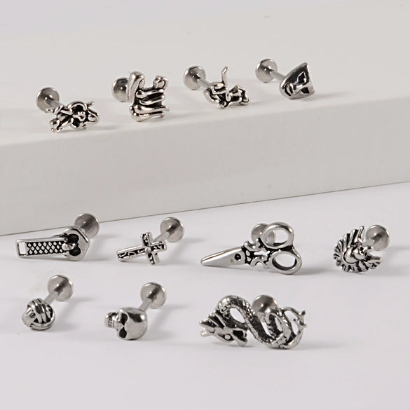 Stainless Steel Heart Shaped Lip Ring Crescent Moon Earrings Circle Pendant Conical Internal Thread Earrings Electroplated Unisex Fashion