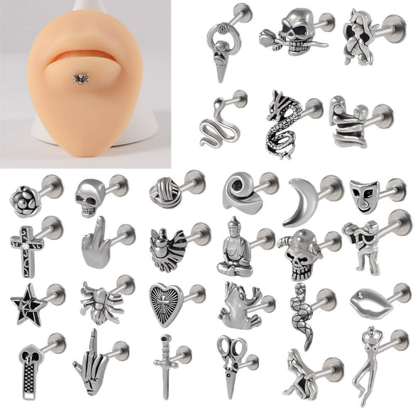 Stainless Steel Heart Shaped Lip Ring Crescent Moon Earrings Circle Pendant Conical Internal Thread Earrings Electroplated Unisex Fashion