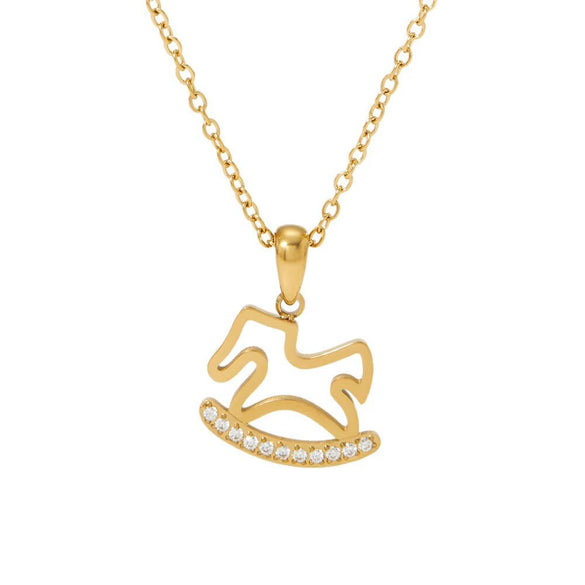 Stainless Steel Heart Shaped Pony Necklace For Women With Electroplated Carousel Design And Cross Chain