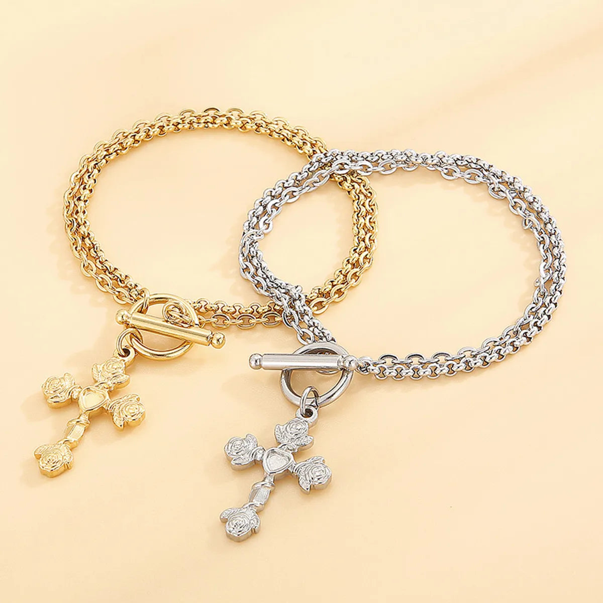 Stainless Steel Heart-shaped Rose Cross Pendant Ot Buckle Double-layer Bracelet Wholesale Jewelry Gooddiy