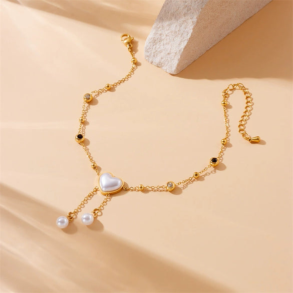 Stainless Steel Heart Shaped Tassel Chain Pearl Love Eyes Pendant Women's Fashion Anklet