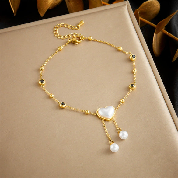 Stainless Steel Heart Shaped Tassel Chain Pearl Love Eyes Pendant Women's Fashion Anklet