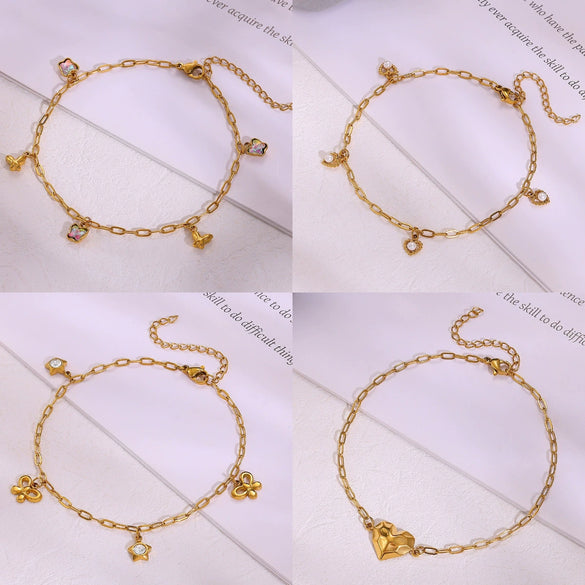 Stainless Steel Heart Shell Moon Stars Patterned Anklet For Women 18K Gold Plated With Artificial Gemstones Semiprecious Stones Simple Style
