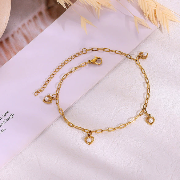 Stainless Steel Heart Shell Moon Stars Patterned Anklet For Women 18K Gold Plated With Artificial Gemstones Semiprecious Stones Simple Style