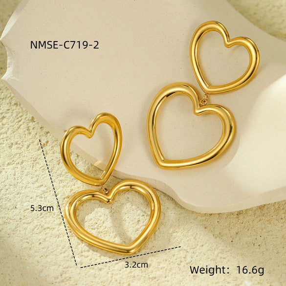 Stainless Steel Heart Tassel Pendant Earrings Plated With 18K Gold