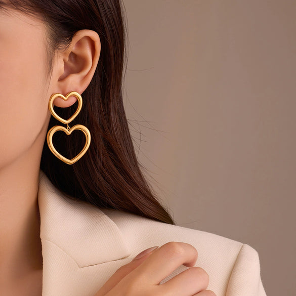 Stainless Steel Heart Tassel Pendant Earrings Plated With 18K Gold