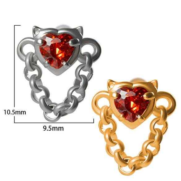 Stainless Steel Heartshaped Ear Nail With Red Diamond Bat Devil And Hanging Chain Electroplated